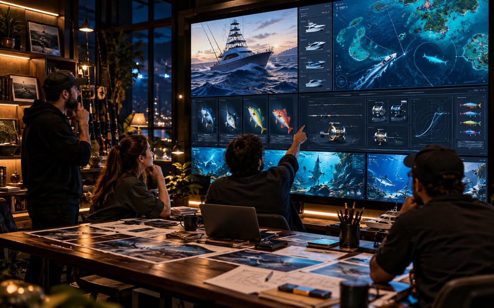 Visual konseptual pasukan Korvelto mengkaji peta voyage, ikan, gear dan sistem pada paparan besar