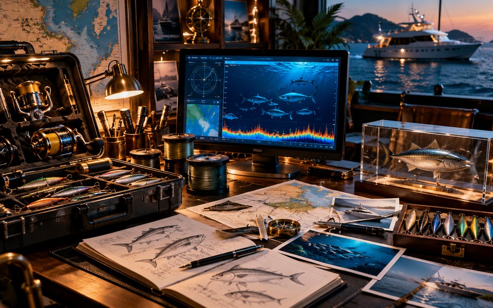 Workbench konseptual dengan gear memancing, sonar, peta dan rujukan sistem