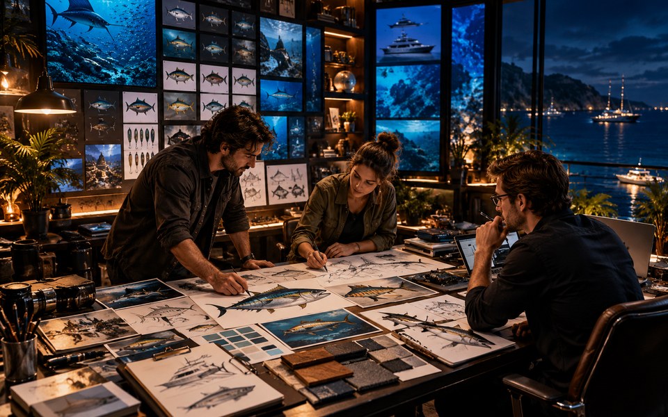 Visual konseptual studio Korvelto meneliti art, spesies ikan dan reka bentuk peralatan