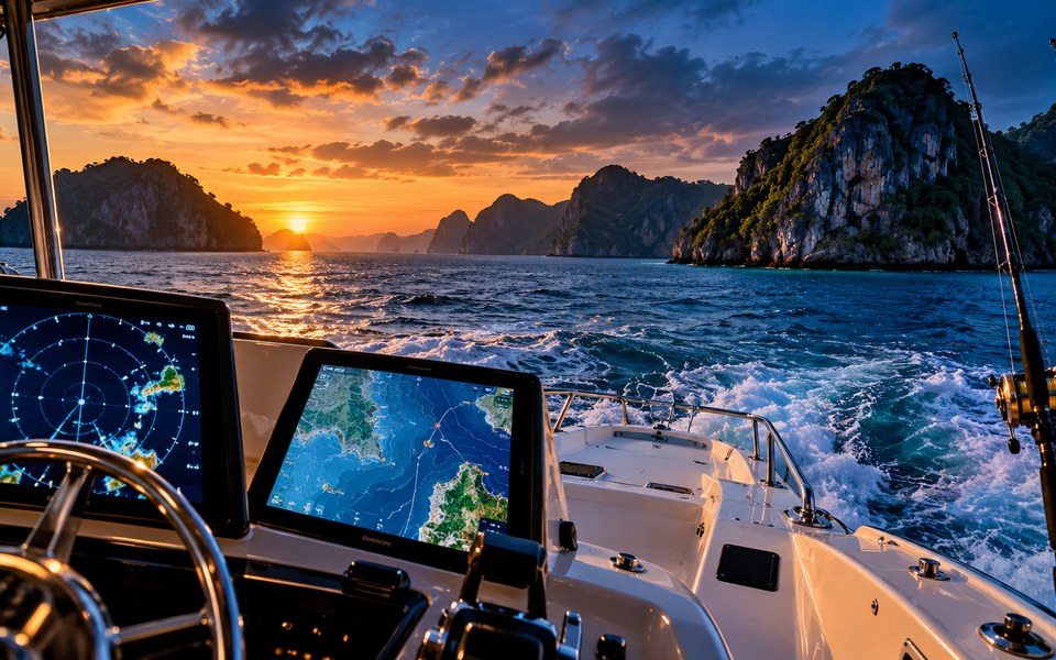 Pandangan konseptual dari yacht dengan radar, peta laluan dan pulau ketika matahari terbenam